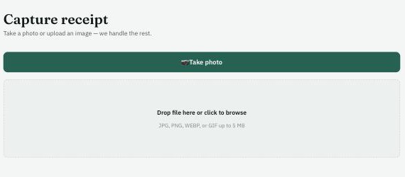 The Capture receipt screen, with a Take Photo button and a drop zone for uploading an image.