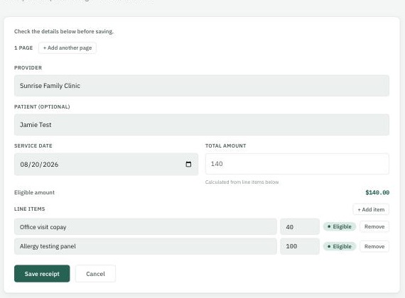 The receipt review screen showing provider, patient, service date, total amount, and two line items, each already marked Eligible.