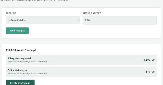The Withdraw screen showing an amount entered, the matched receipts covering it, and a Create Draft Claim button.